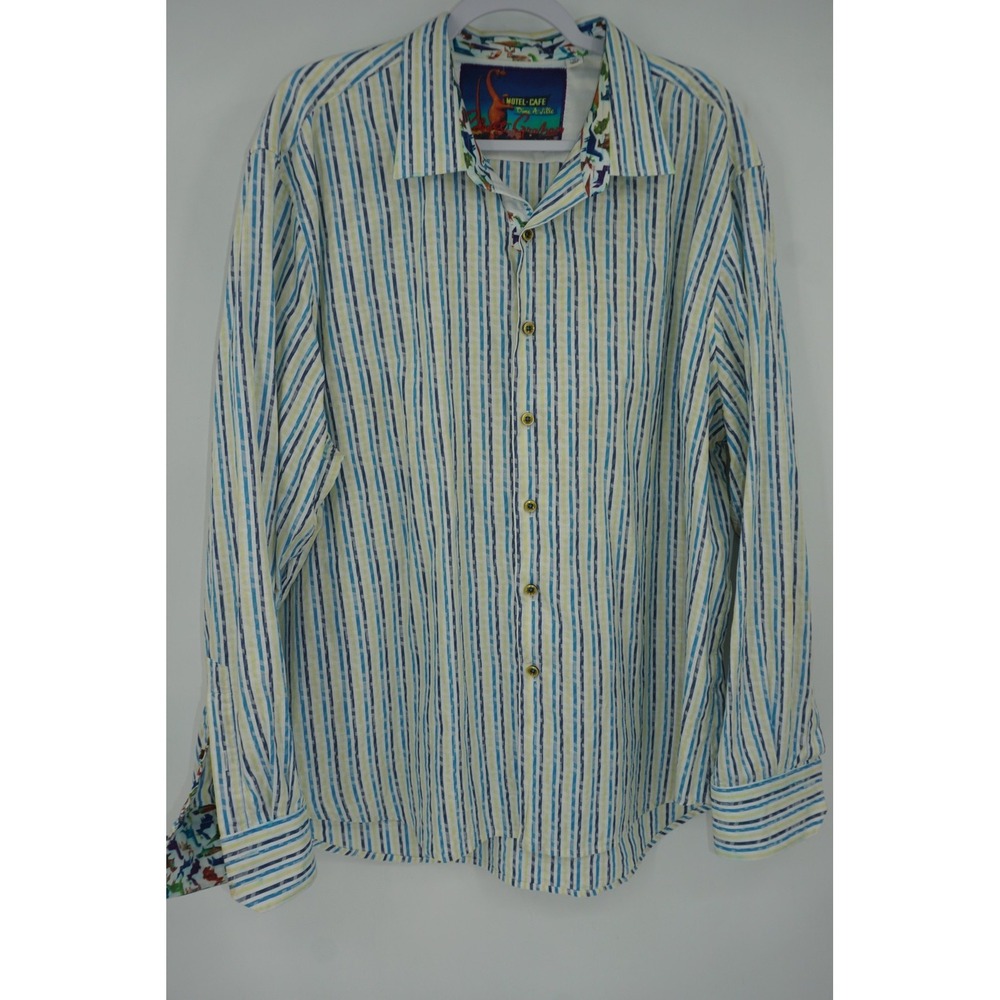 Robert Graham Shirt Blue Stripe Classic Dinosaur Flip Cuff Long Sleeve Men's 3XL